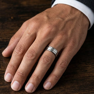 6mm Satin Finish Parallel Groove Carved Wedding Band in 14K White Gold, worn on hand, masculine close-up