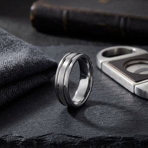 6mm Satin Finish Parallel Groove Carved Wedding Band in 14K White Gold, on walnut surface with pocket square