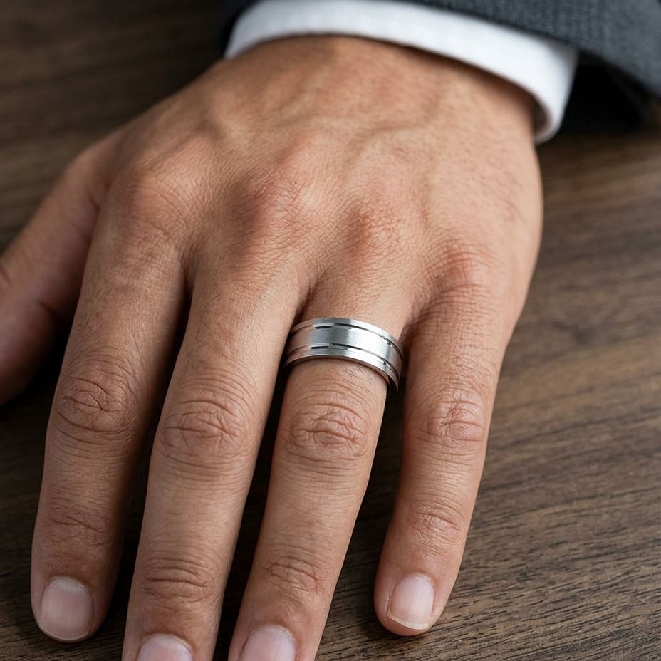 8mm Satin Finish Parallel Groove Carved Wedding Band in 14K White Gold, worn on hand, masculine close-up