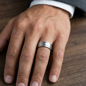 8mm Satin Finish Parallel Groove Carved Wedding Band in 14K White Gold, worn on hand, masculine close-up