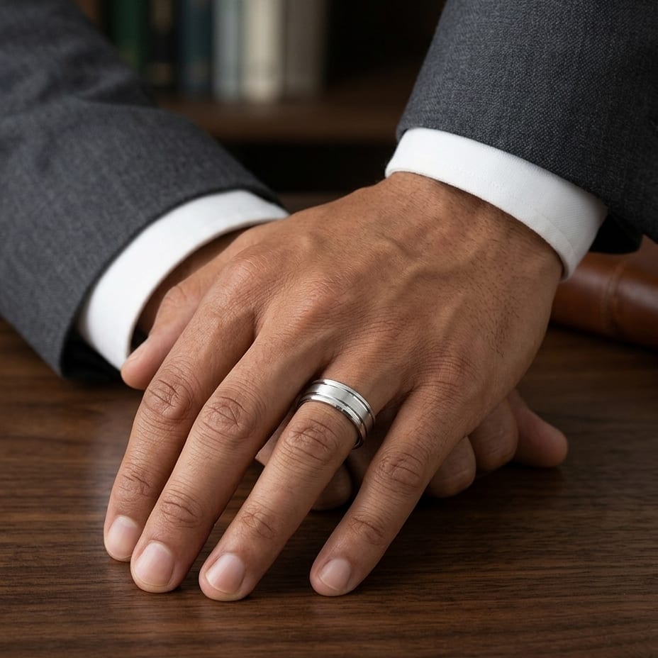 8mm Satin Finish Parallel Groove Carved Wedding Band in 14K White Gold, worn on hand, masculine full view