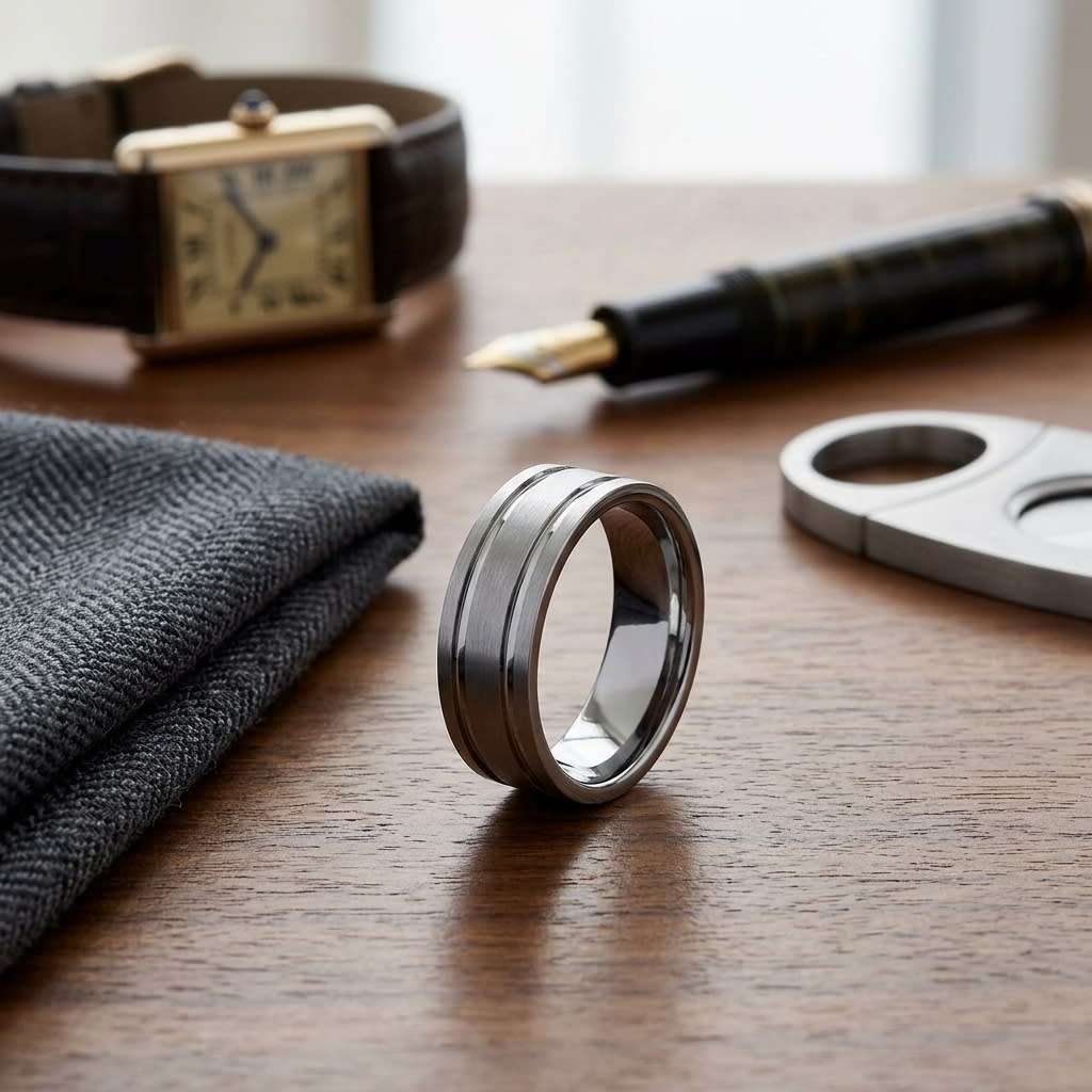 8mm Satin Finish Parallel Groove Carved Wedding Band in 14K White Gold, on walnut surface with pocket square