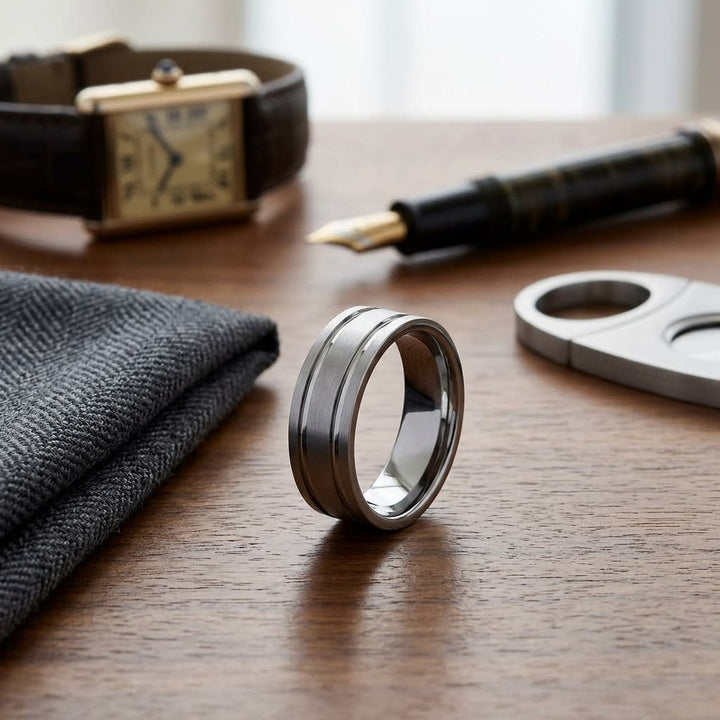 8mm Satin Finish Parallel Groove Carved Wedding Band in 14K White Gold, on walnut surface with pocket square