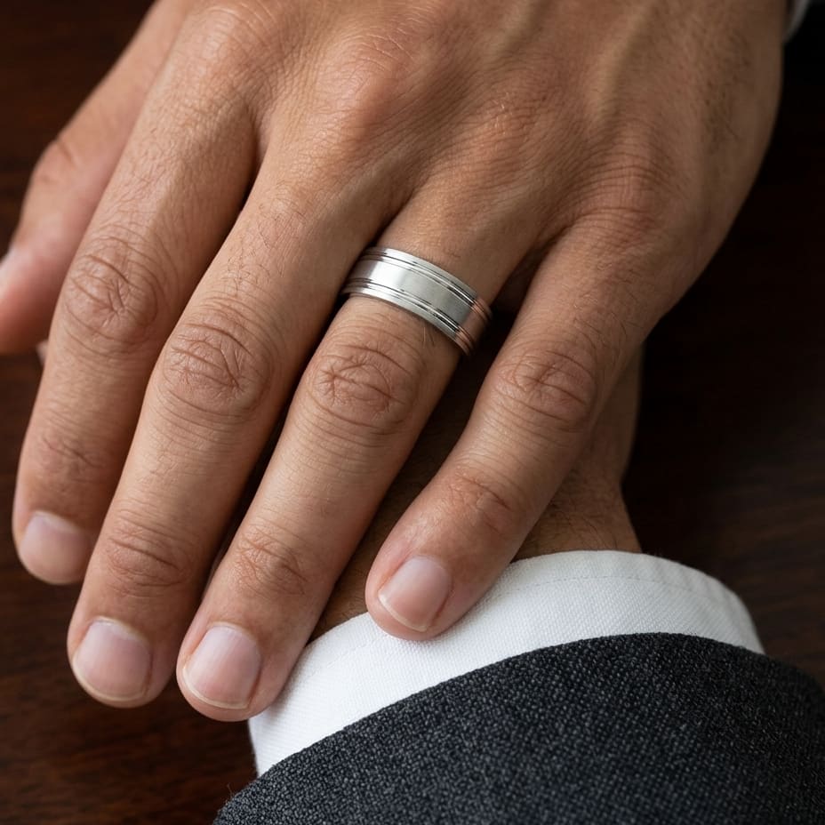 7mm Satin Finish Parallel Groove Carved Wedding Band in 14K White Gold, worn on hand, masculine close-up