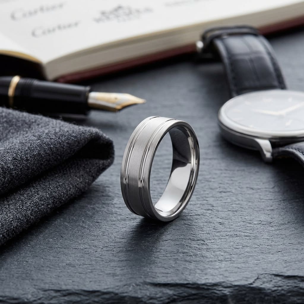 7mm Satin Finish Parallel Groove Carved Wedding Band in 14K White Gold, on walnut surface with pocket square