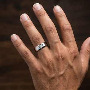 6mm High Polish Carved Wedding Band in 14K White Gold, worn on hand, masculine close-up