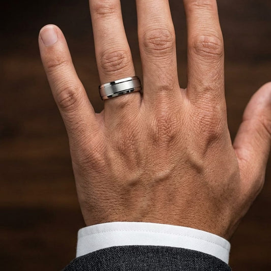 6mm Satin Finish High Polished Beveled Edge Carved Wedding Band in 14K White Gold, worn on hand, masculine close-up