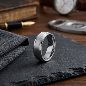 7mm Satin Finish High Polished Beveled Edge Carved Wedding Band in 14K White Gold, on walnut surface with pocket square