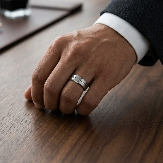 6mm Satin Finish Carved Wedding Band in 14K White Gold, worn on hand, masculine full view