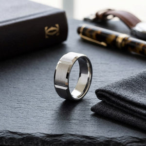 8mm Satin Finish Grooves Carved Wedding Band in 14K White Gold, on walnut surface with pocket square