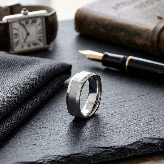 7mm Satin Finish Carved Wedding Band in 14K White Gold, on walnut surface with pocket square