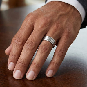 7.5mm Satin Finish Rope Carved Wedding Band in 14K White Gold, worn on hand, masculine close-up