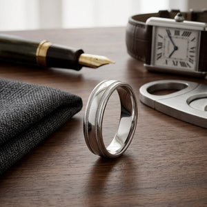 6mm High Polish Milgrain Round Edge Carved Wedding Band in 14K White Gold, on walnut surface with pocket square
