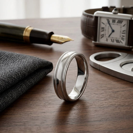 6mm High Polish Milgrain Round Edge Carved Wedding Band in 14K White Gold, on walnut surface with pocket square