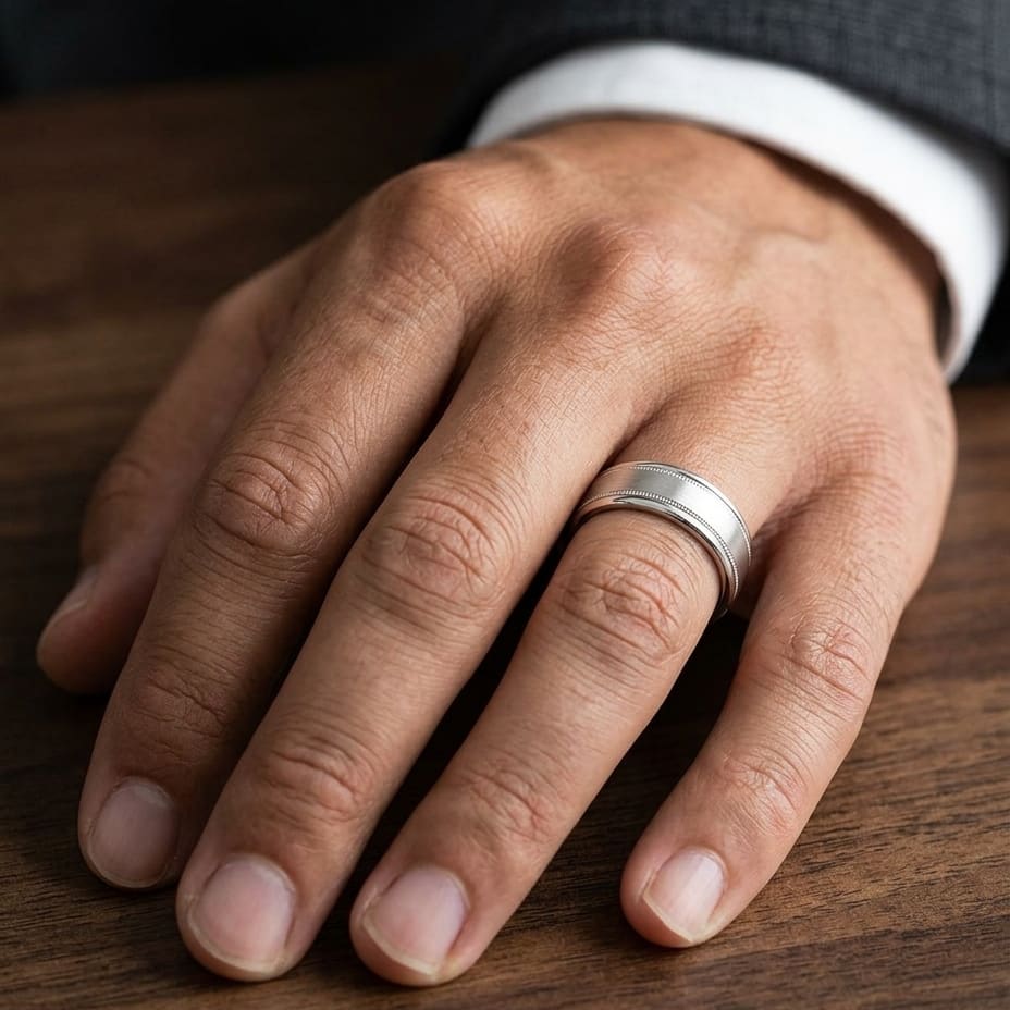 8mm Satin Finish Milgrain Round Edge Carved Wedding Band in 14K White Gold, worn on hand, masculine close-up