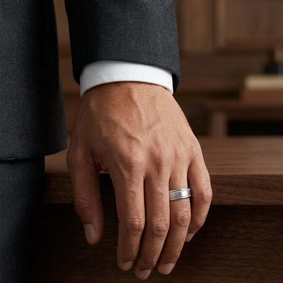 8mm Satin Finish Milgrain Round Edge Carved Wedding Band in 14K White Gold, worn on hand, masculine full view