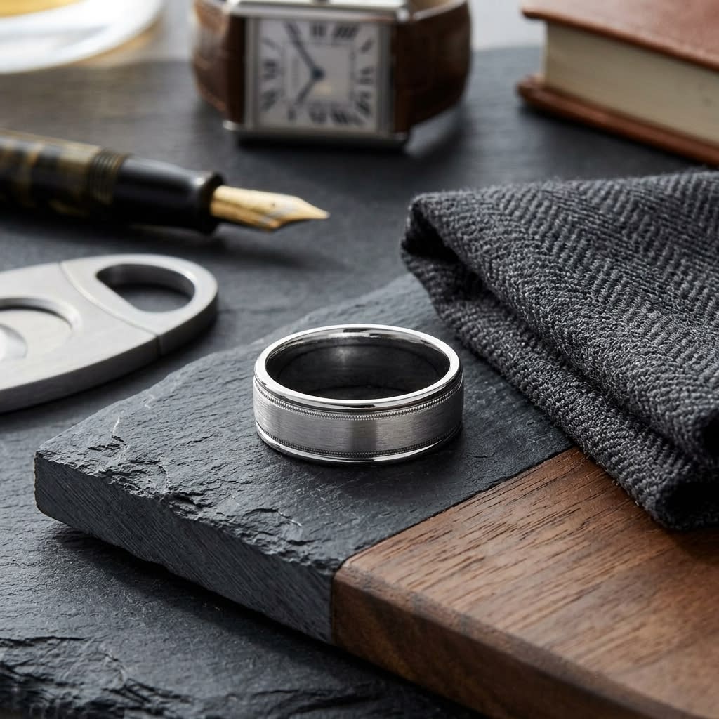 8mm Satin Finish Milgrain Round Edge Carved Wedding Band in 14K White Gold, on walnut surface with pocket square