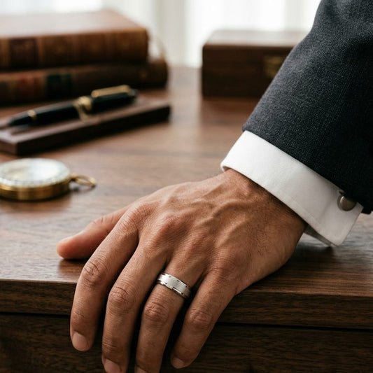 7mm Wired Finish High Polished Round Edge Carved Wedding Band in 14K White Gold, worn on hand, masculine full view