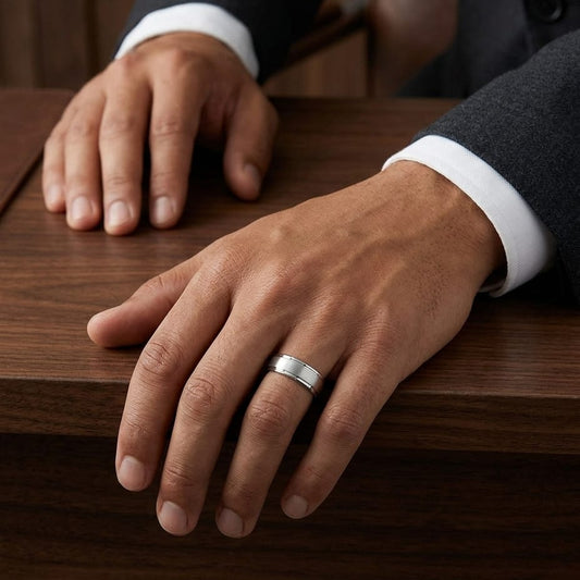 8mm Satin Finish High Polished Round Edge Carved Wedding Band in 14K White Gold, worn on hand, masculine full view