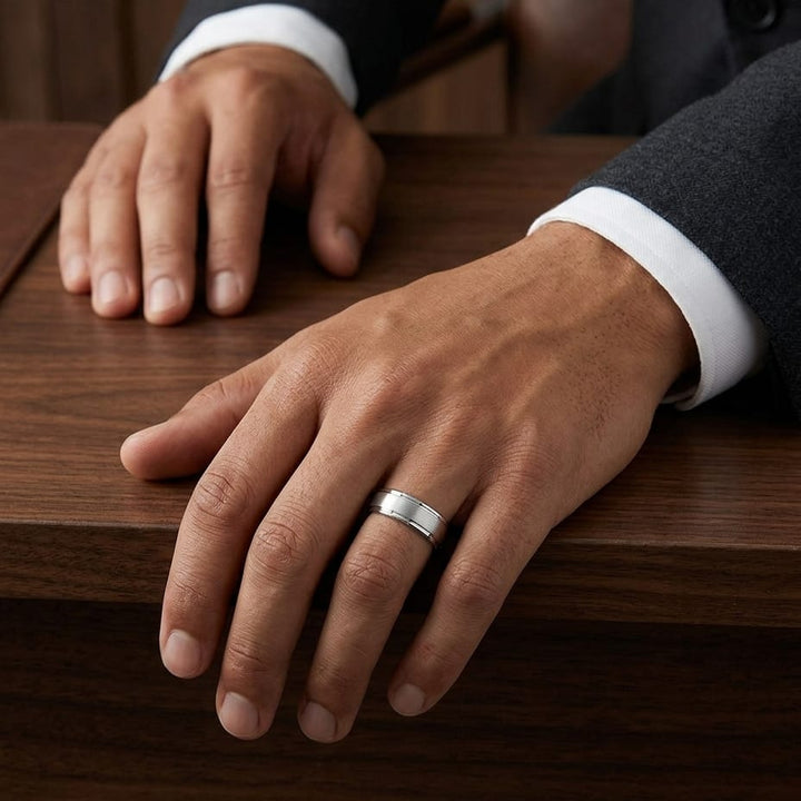 8mm Satin Finish High Polished Round Edge Carved Wedding Band in 14K White Gold, worn on hand, masculine full view