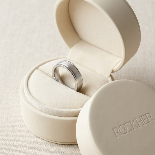4mm Satin Finish High Polished Round Edge Carved Wedding Band in 14K White Gold, in navy velvet jewelry box