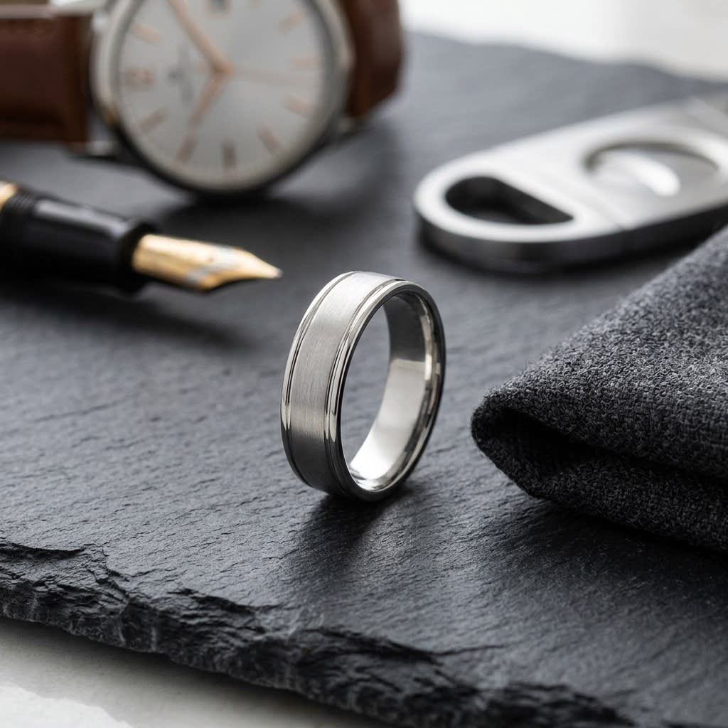 5mm Satin Finish High Polished Round Edge Carved Wedding Band in 14K White Gold, on walnut surface with pocket square