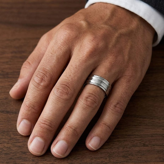 8mm Satin Finish High Polished Center Trim Carved Wedding Band in 14K White Gold, worn on hand, masculine close-up