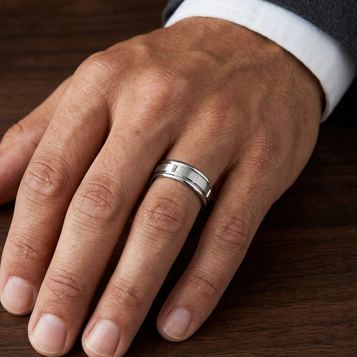 6mm Satin Finish High Polished Center Cut Carved Wedding Band in 14K White Gold, worn on hand, masculine close-up
