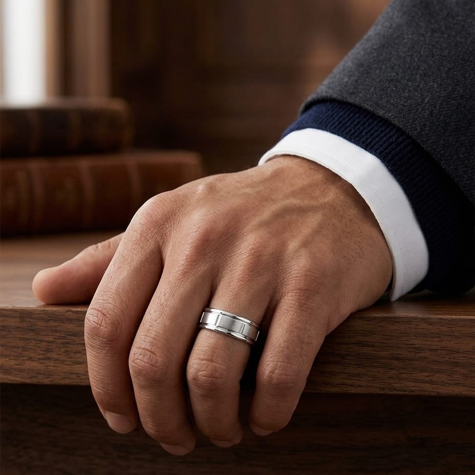 6mm Satin Finish High Polished Center Cut Carved Wedding Band in 14K White Gold, worn on hand, masculine full view