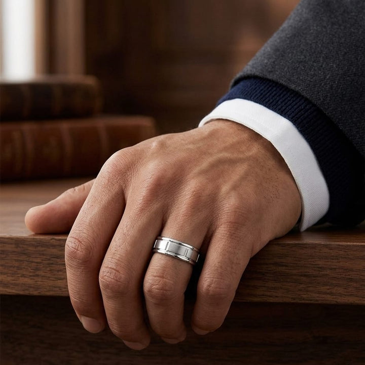 6mm Satin Finish High Polished Center Cut Carved Wedding Band in 14K White Gold, worn on hand, masculine full view