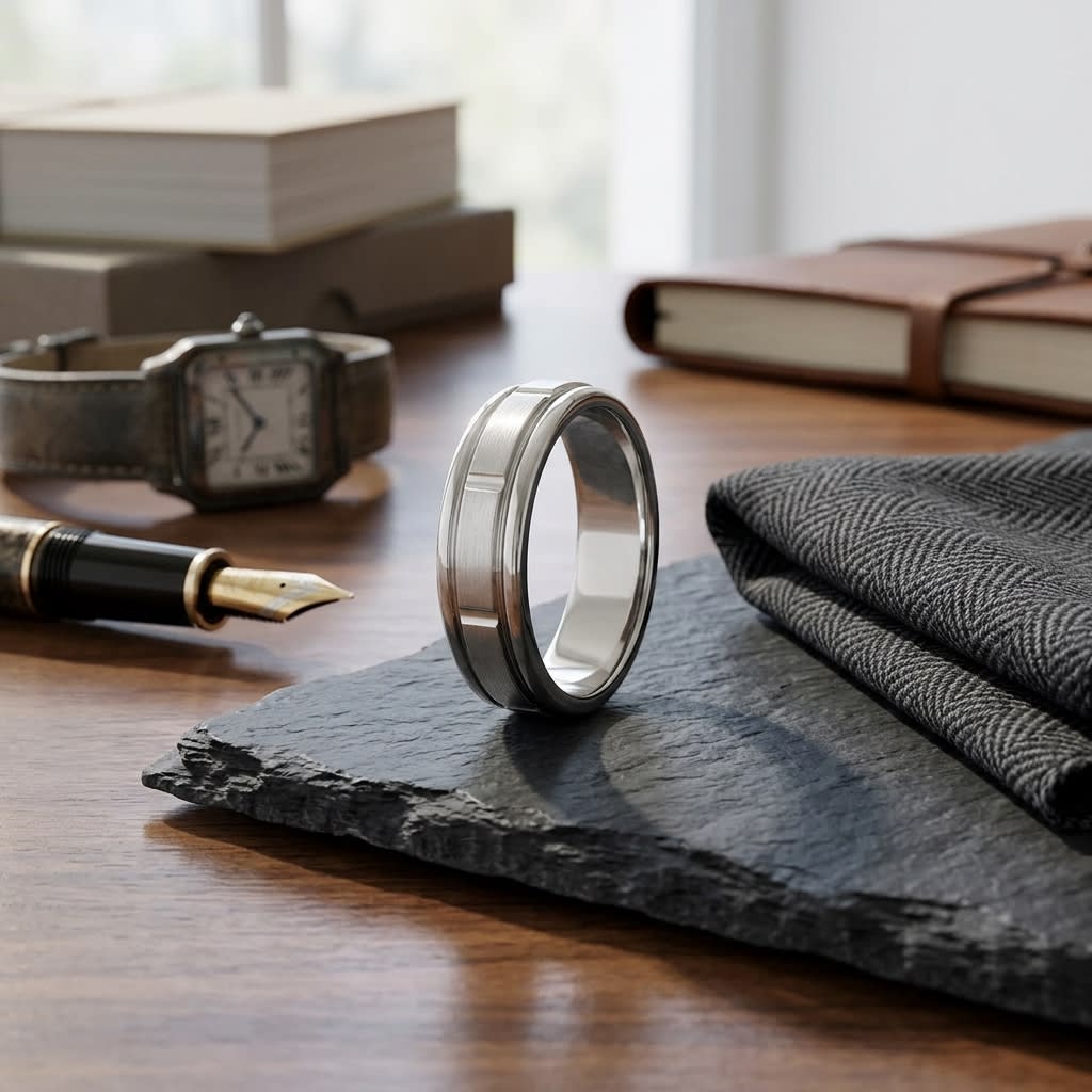 6mm Satin Finish High Polished Center Cut Carved Wedding Band in 14K White Gold, on walnut surface with pocket square