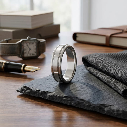 6mm Satin Finish High Polished Center Cut Carved Wedding Band in 14K White Gold, on walnut surface with pocket square