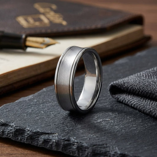 7.5mm Satin Finish High Polished Round Edge Carved Wedding Band in 14K White Gold, on walnut surface with pocket square