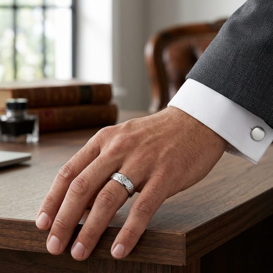 7.5mm Hammered Finish Beveled Edge Carved Wedding Band in 14K White Gold, worn on hand, masculine full view