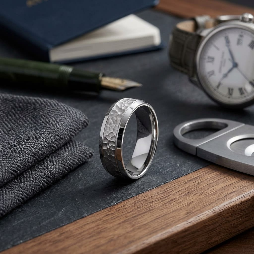 7.5mm Hammered Finish Beveled Edge Carved Wedding Band in 14K White Gold, on walnut surface with pocket square