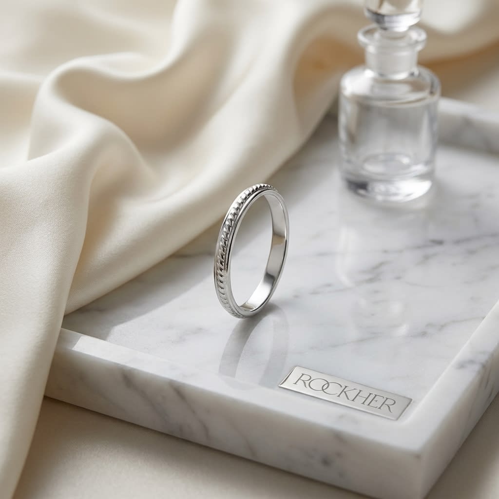 2mm High Polish Carved Wedding Band in 14K White Gold, on marble vanity tray with silk