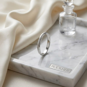 2mm High Polish Carved Wedding Band in 14K White Gold, on marble vanity tray with silk