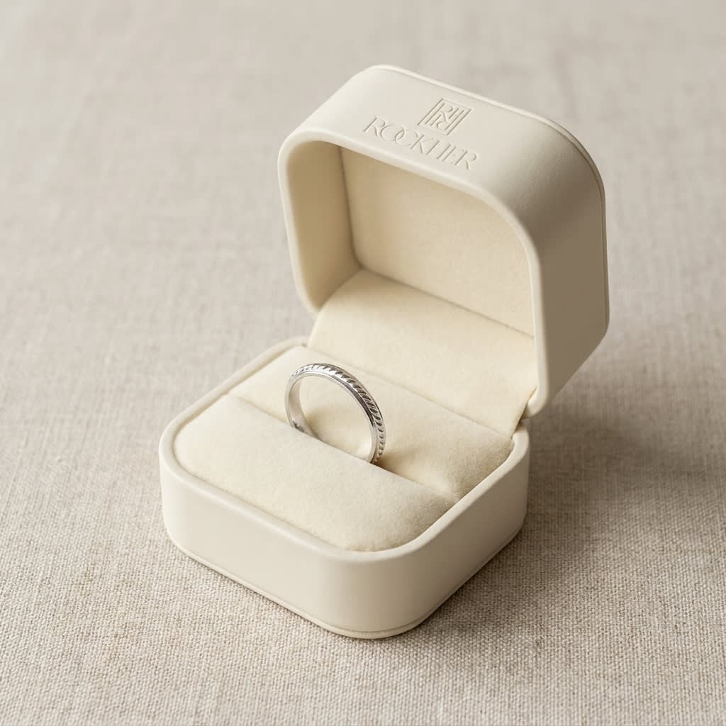 2mm High Polish Carved Wedding Band in 14K White Gold, in navy velvet jewelry box