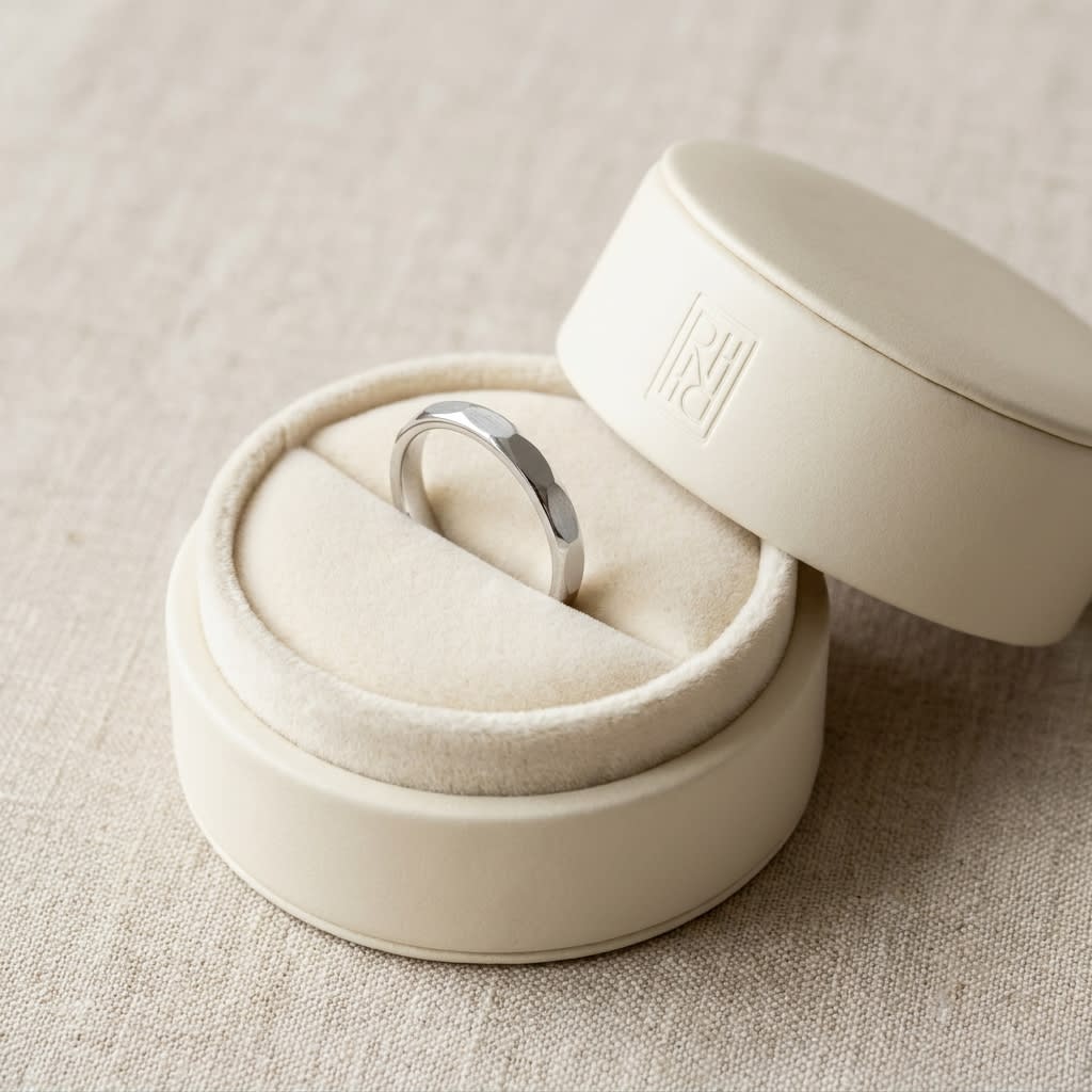 2mm High Polish Carved Wedding Band in 14K White Gold, in navy velvet jewelry box