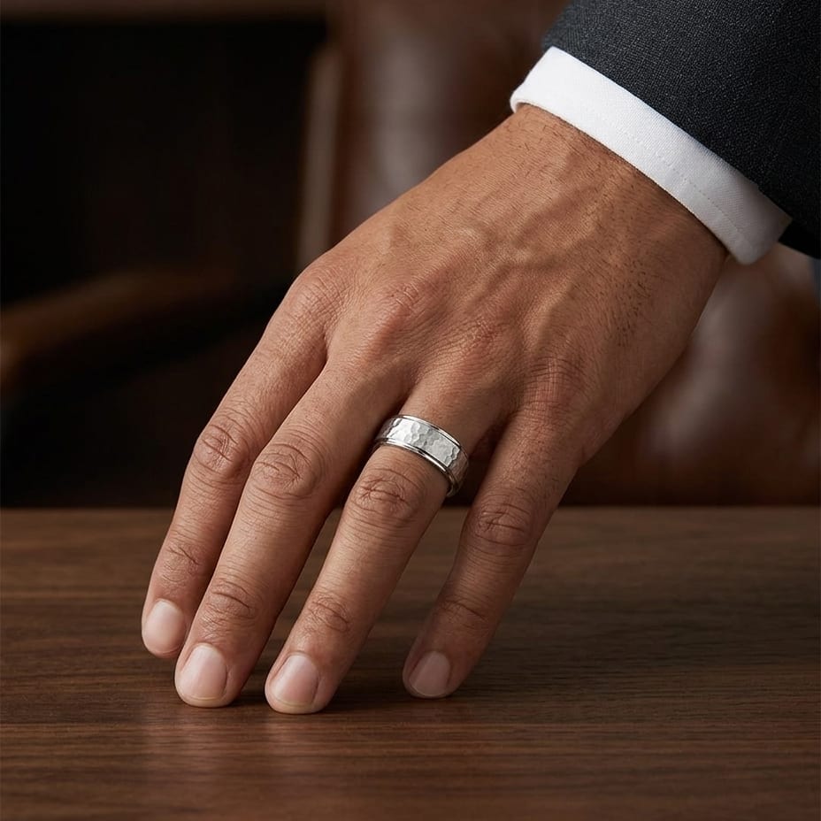 8mm Hammered Finish Carved Wedding Band in 14K White Gold, worn on hand, masculine full view