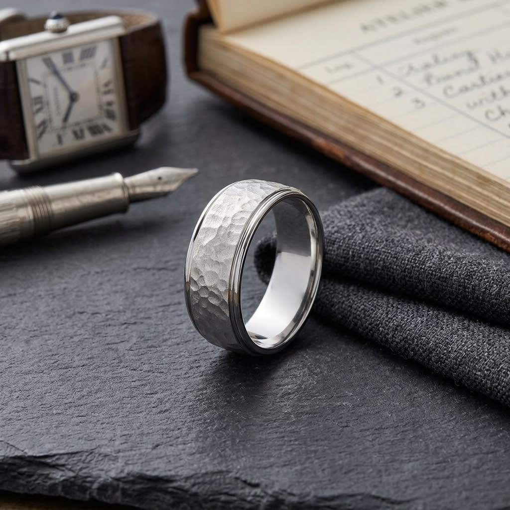 8mm Hammered Finish Carved Wedding Band in 14K White Gold, on walnut surface with pocket square