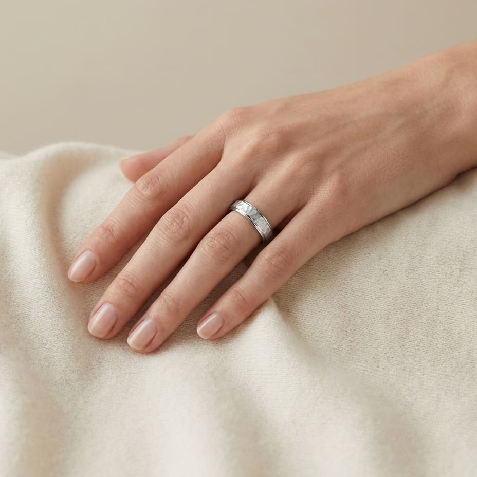4mm Hammered Finish Carved Wedding Band in 14K White Gold, worn on hand, full view