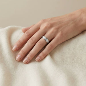 4mm Hammered Finish Carved Wedding Band in 14K White Gold, worn on hand, full view