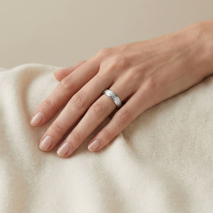 4mm Hammered Finish Carved Wedding Band in 14K White Gold, worn on hand, full view