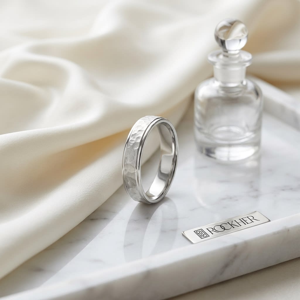 4mm Hammered Finish Carved Wedding Band in 14K White Gold, on marble vanity tray with silk