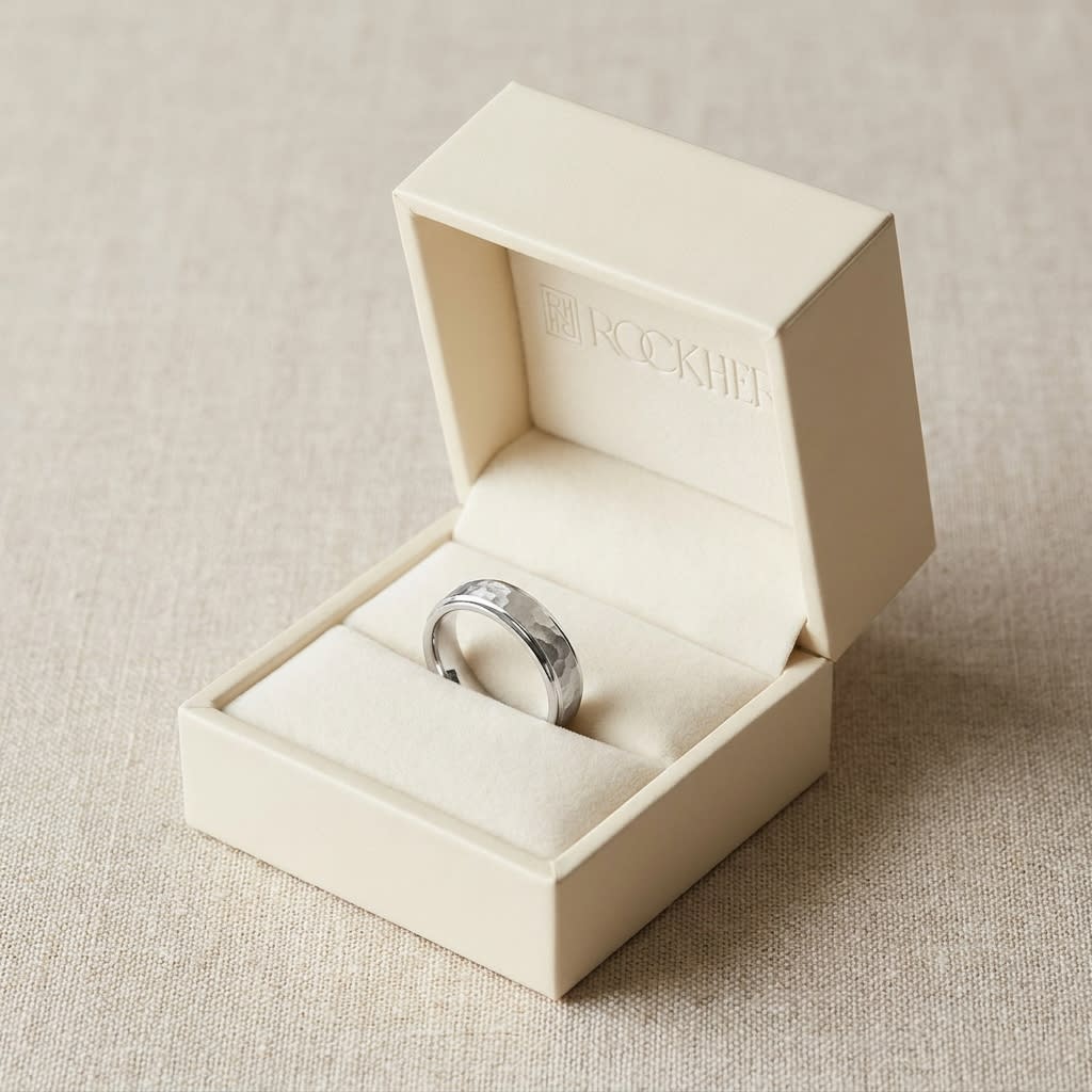 4mm Hammered Finish Carved Wedding Band in 14K White Gold, in navy velvet jewelry box