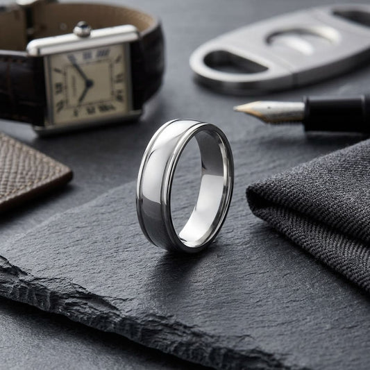 6mm High Polish Round Edge Carved Wedding Band in 14K White Gold, on walnut surface with pocket square
