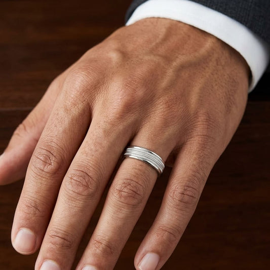 6mm High Polish Milgrain Round Edge Carved Wedding Band in 14K White Gold, worn on hand, masculine close-up