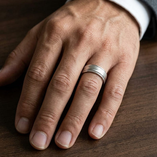 6mm High Polish Round Edge Carved Wedding Band in 14K White Gold, worn on hand, masculine close-up