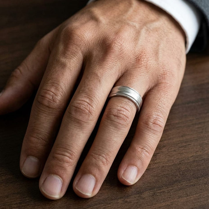 6mm High Polish Round Edge Carved Wedding Band in 14K White Gold, worn on hand, masculine close-up
